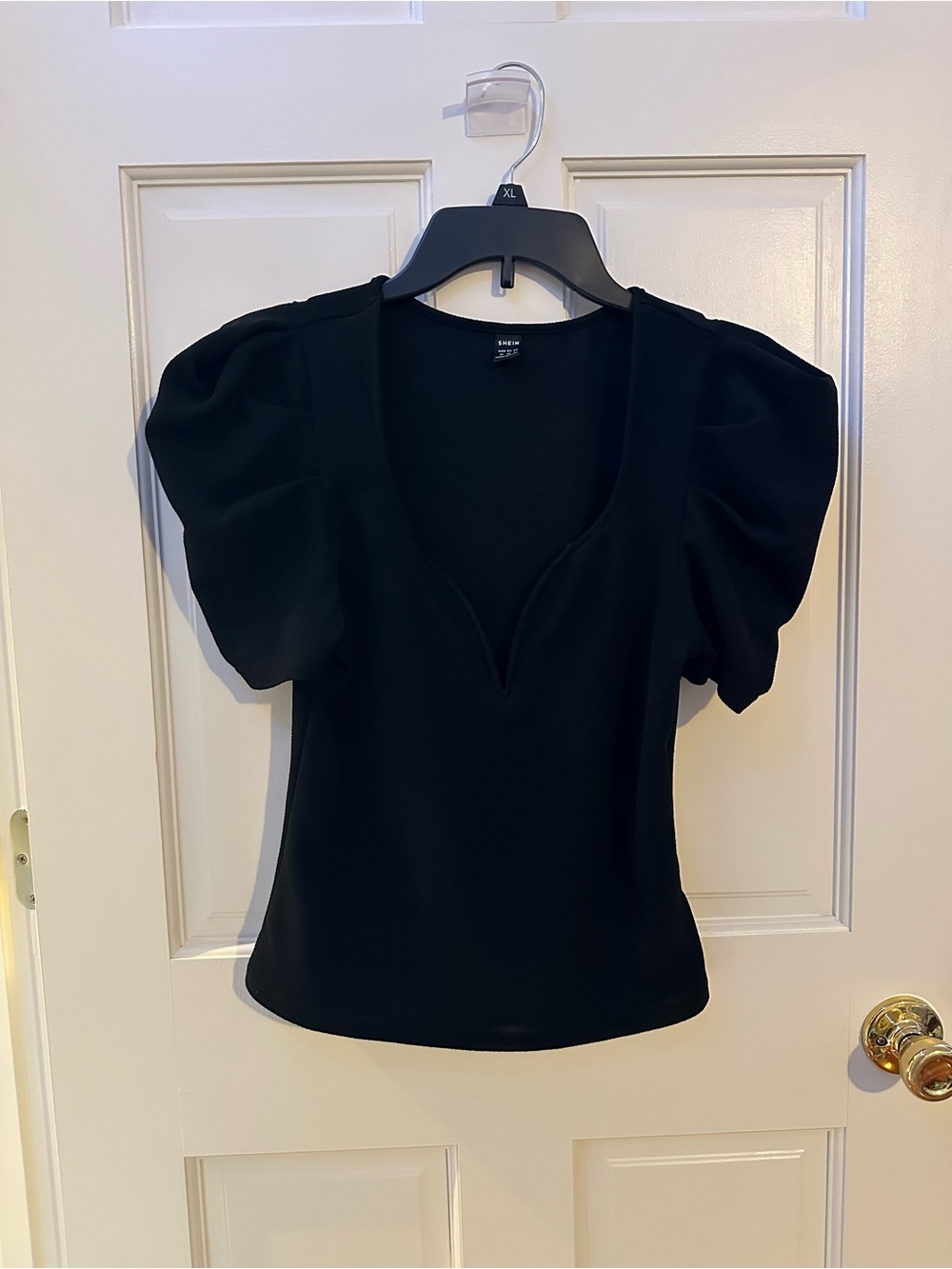 SHEIN Black Puff Sleeve V-Neck Blouse